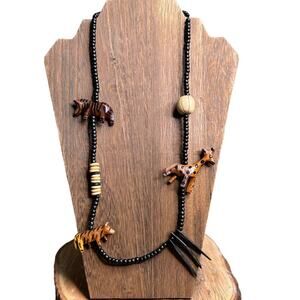 Vintage tribal carved wood animals african necklace